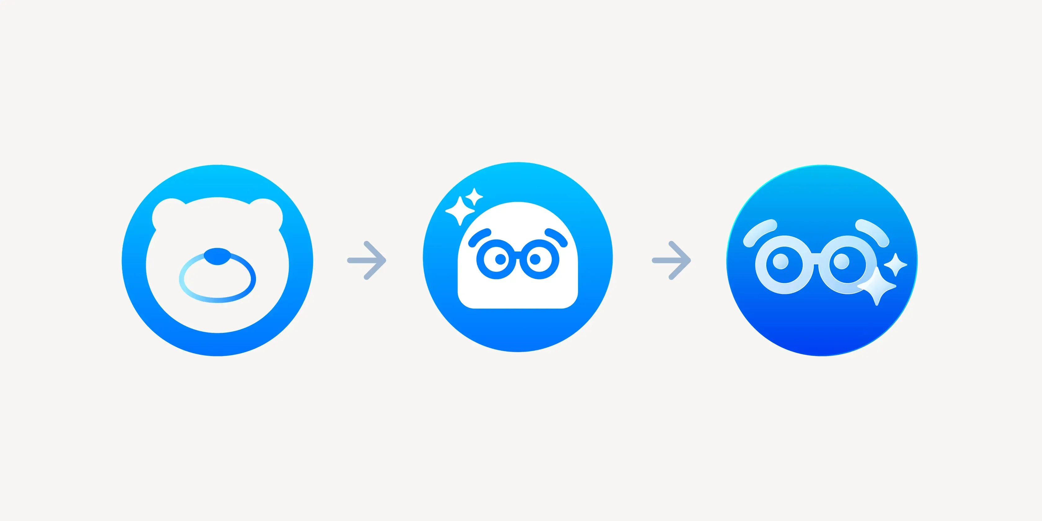 Three stages of the AI assistant character: the company bear mascot, a transitional version with glasses and spark, and the refined independent mark