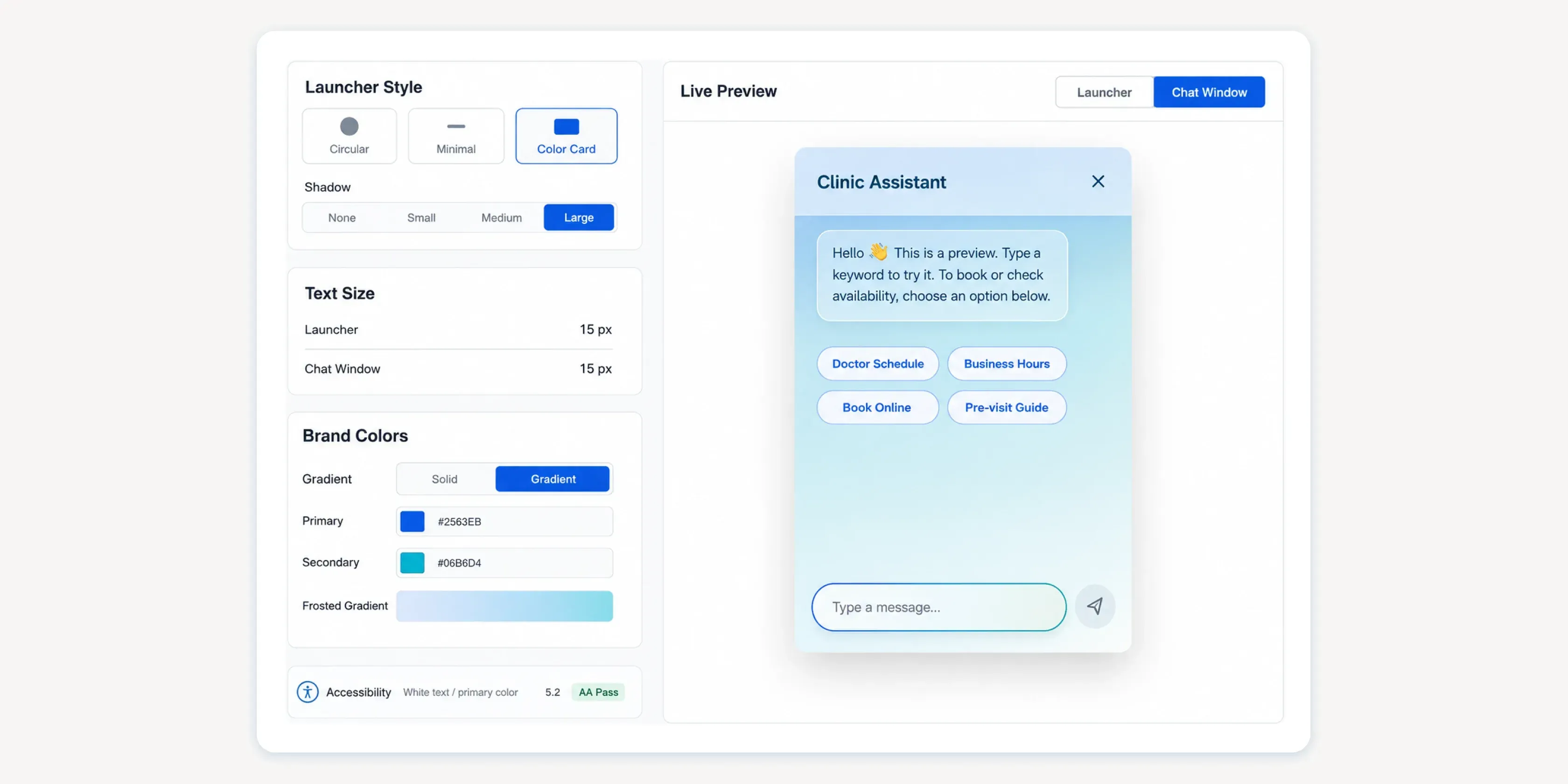 The AI Widget style editor: brand colour, button style, font size and readability check in one interface