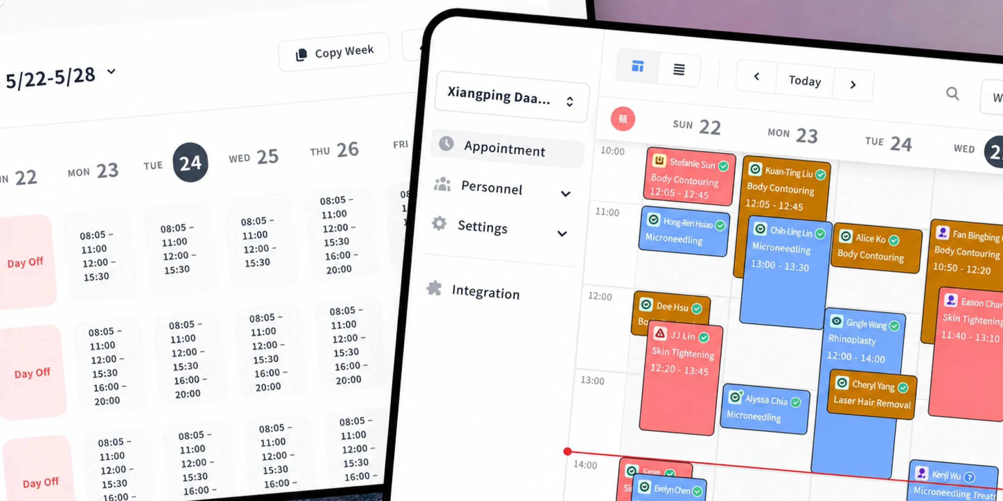 Appointment overview calendar with services, staff and time slots arranged across the day