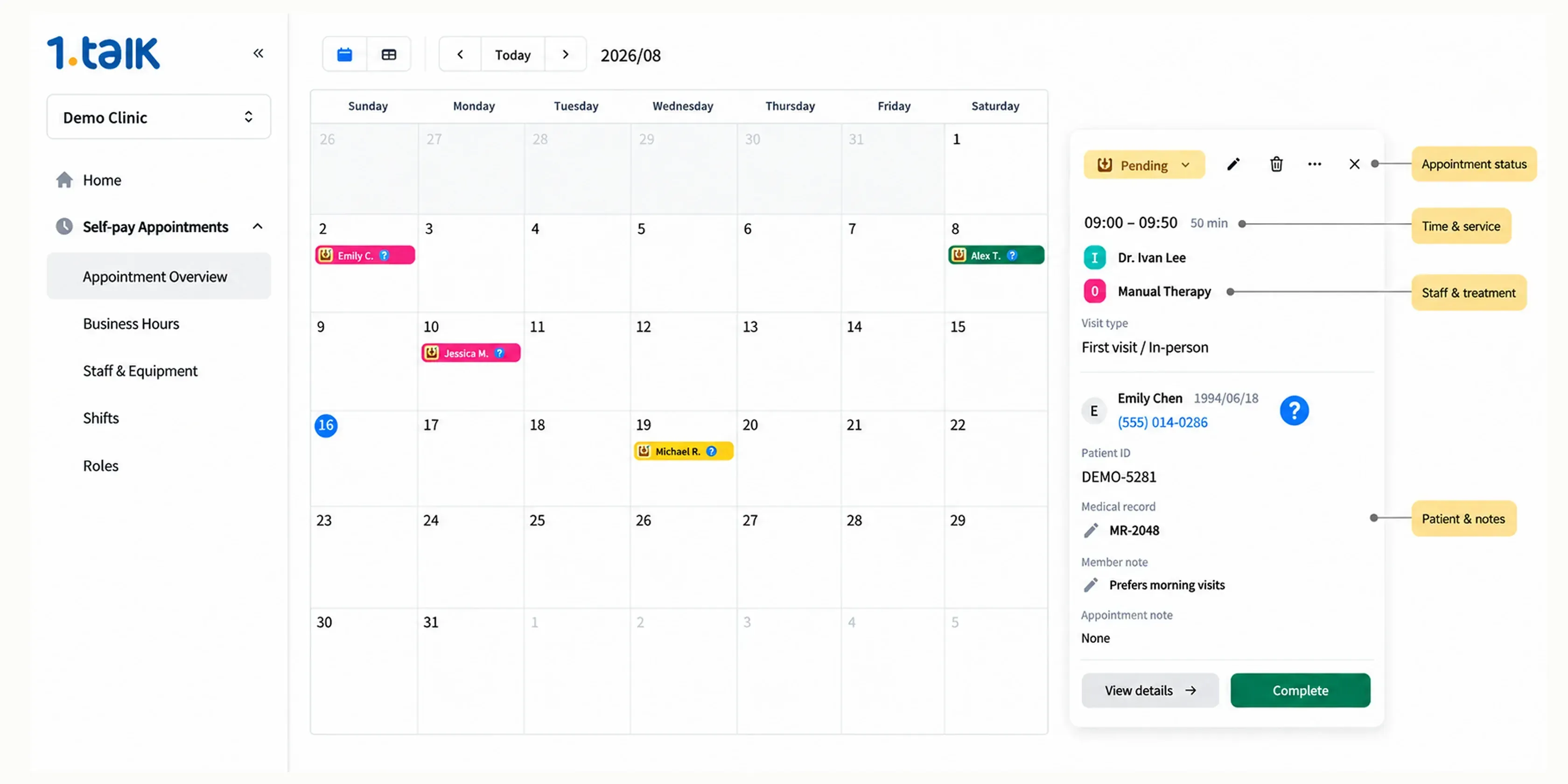 Creating an appointment from the calendar: date, member, staff and equipment, then confirmation